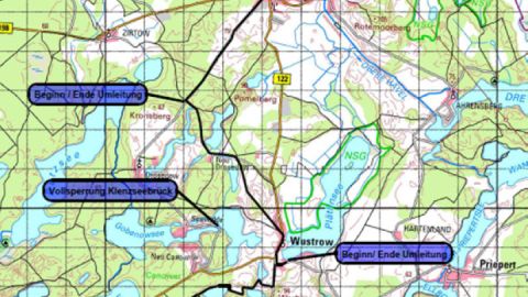 Umleitung Vollsperrung Klenzbrücke, Mecklenburgische Seenplatte